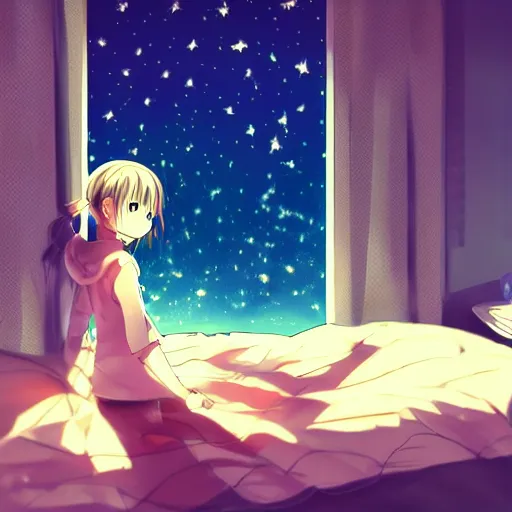 Prompt: advanced digital anime art, pixiv, girl sitting under a slanted window on bed looking at the night sky as two meteors fly over leaving a light trail behind them.