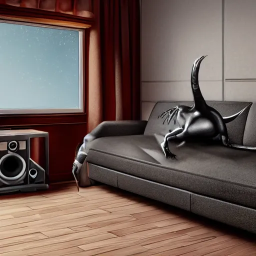 Prompt: photorealistic image of a t - rex laying on a couch and listening to music, shot in a professional studio