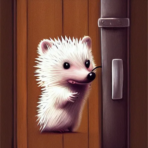 Image similar to cute adorable hedgehog opening the door, shy hedgehog, blushing, waving, smiling, cute, hedgehog, by cyril rolando