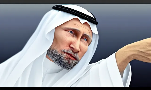 Prompt: photorealistic 8 k image of putin as a muslim sheik praying for god