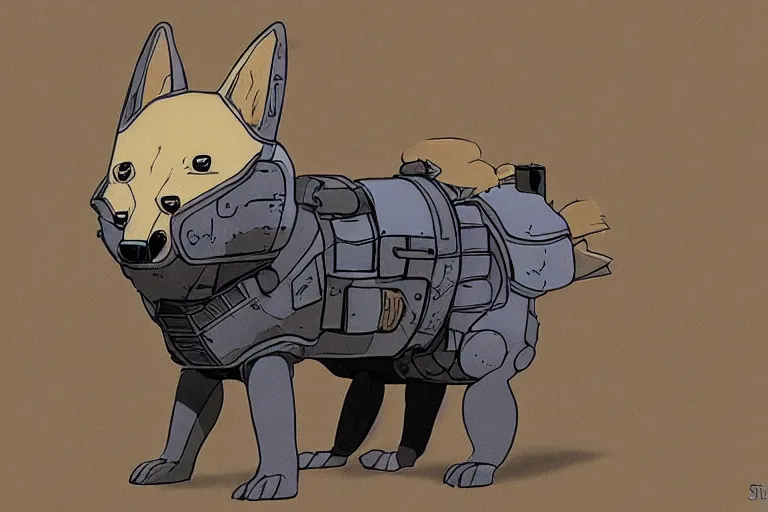 Image similar to heavily armoured mechanical corgi by studio ghibli