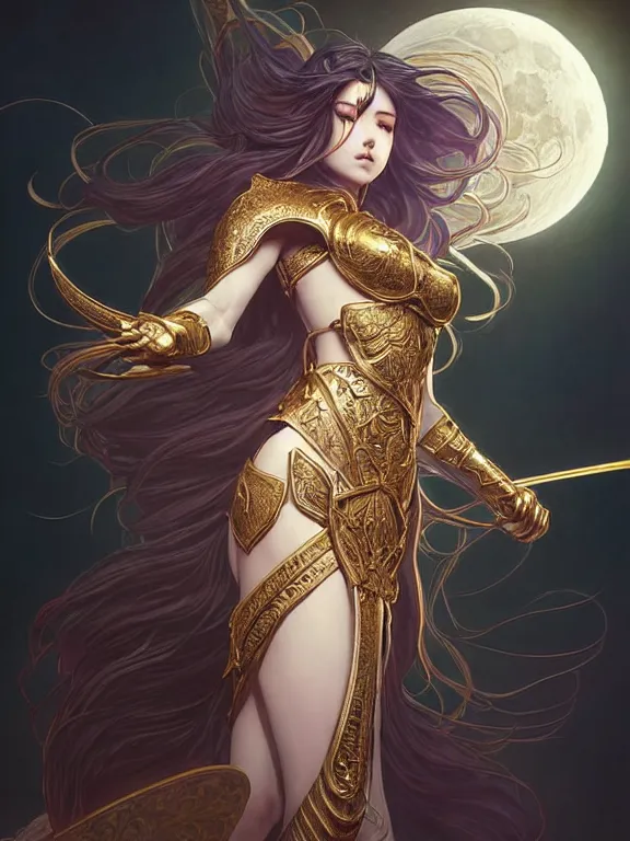 Image similar to full body picture of a moon knightress in the temple, coveted, beautiful and aesthetic, intricate, unreal engine, messy hair, highly detailed, detailed face, smooth, sharp focus, chiaroscuro, manga illustration, artgerm, greg rutkowski, ilya kuvshinov, rossdraws, alphonse mucha, young adult light novel cover art