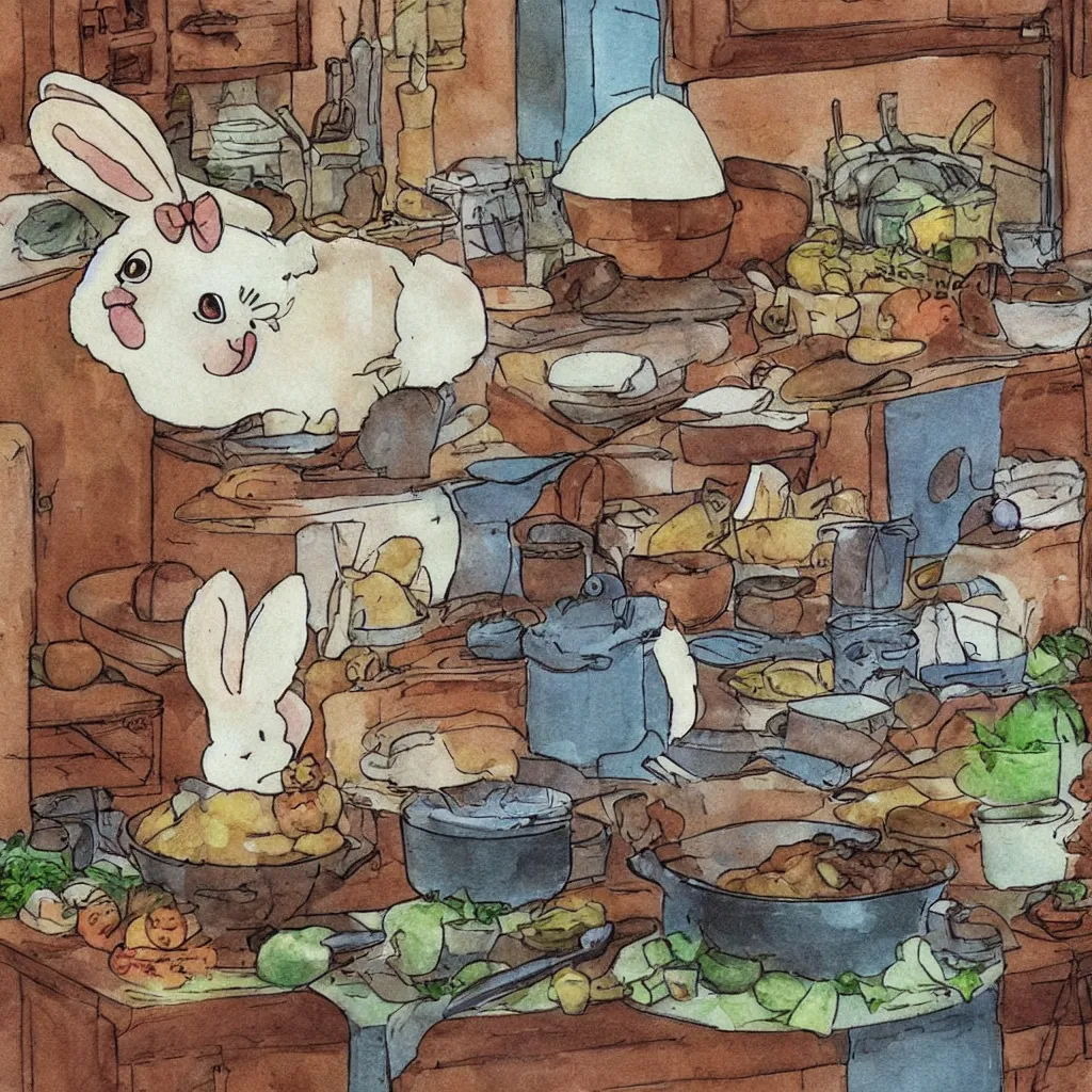 Image similar to a rabbit cooking in a french cozy kitchen in the style of studio ghibli