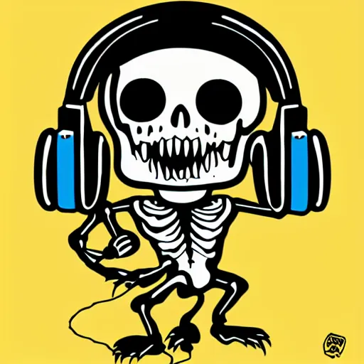 Prompt: svg sticker of a Dancing-Zombie-Skeleton, at a rave, spinning records, giant headphones rocking out, wearing headphones, huge speakers, dancing, rave, DJ, spinning records, digital art, amazing composition, rule-of-thirds, award-winning, trending on artstation, featured on deviantart