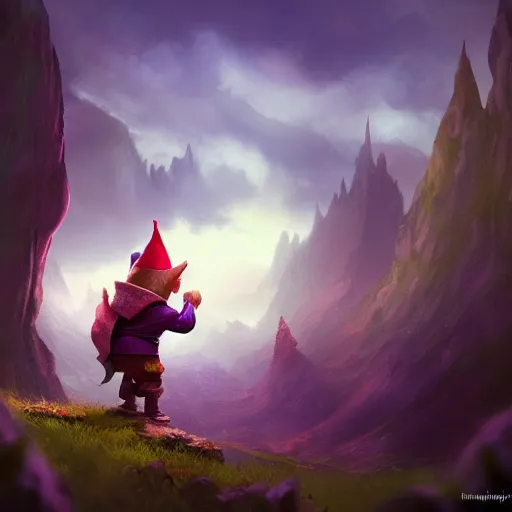 Image similar to a gnome looking for a new adventure in a colorful fantasy world, beautiful landscape, dramatic lighting, cinematic, establishing shot, extremly high detail, photorealistic, cinematic lighting, post processed, concept art, artstation, matte painting, style by greg rutkowsky