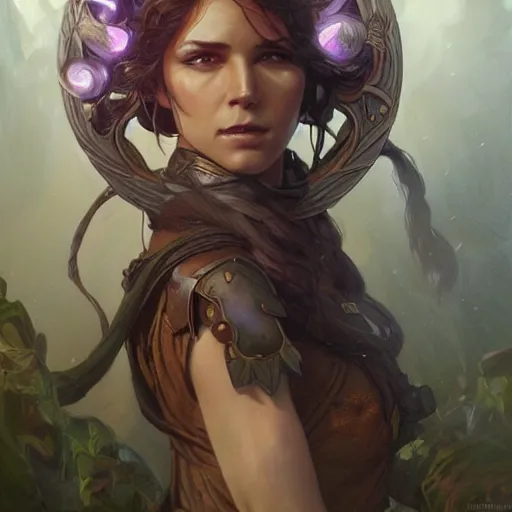 Image similar to female druid, muscular, fantasy, D&D, portrait, highly detailed, digital painting, artstation, concept art, sharp focus, illustration, art by artgerm and greg rutkowski and alphonse mucha