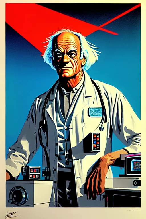 Image similar to doc emmet brown in his lab, high details, intricately detailed, by vincent di fate, inking, 3 color screen print, masterpiece, trending on artstation,, sharp, details, hyper - detailed, hd, 4 k, 8 k