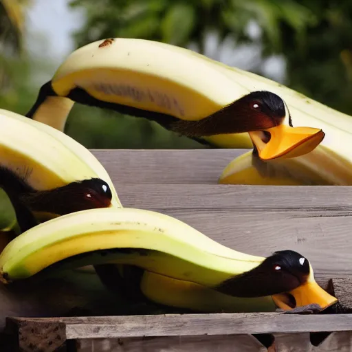 Image similar to professional photograph of banana ducks, peeled bananas with googly eyes and duck beaks