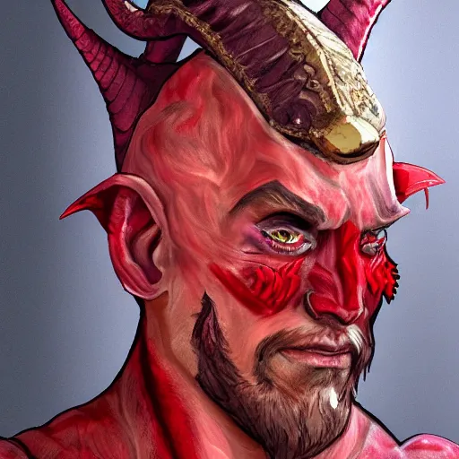 Image similar to dnd style portrait of a tiefling, male, red scales, red skin, a big black beard, completely golden eyes, 2 black ram horns growing out of his forehead,