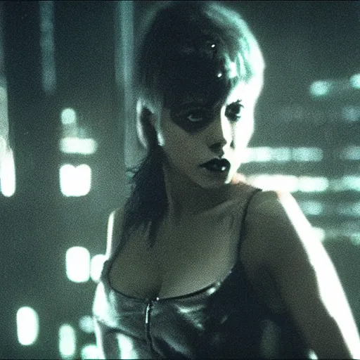 Image similar to a film portrait still of joan jett in blade runner, gritty cyberpunk atmosphere. realism, cinematic lighting, beautiful gothic fantasy photorealistic, 4 k. 8 mm. grainy. panavision.