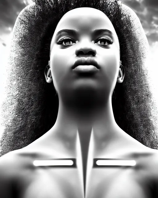 Image similar to a black and white photo of a divine young feminine cyborg, halo, photorealistic, artistic, poetic, 8 k,