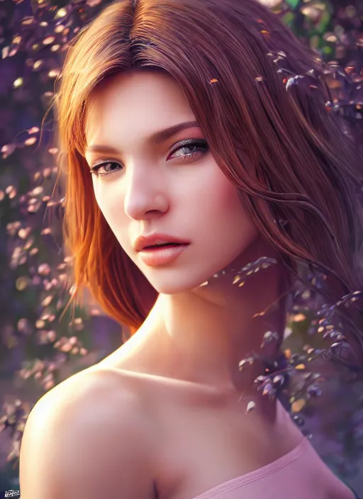 Image similar to photo of a gorgeous female in the style of stefan kostic, realistic, half body shot, sharp focus, 8 k high definition, insanely detailed, intricate, elegant, art by stanley lau and artgerm, extreme bokeh foliage