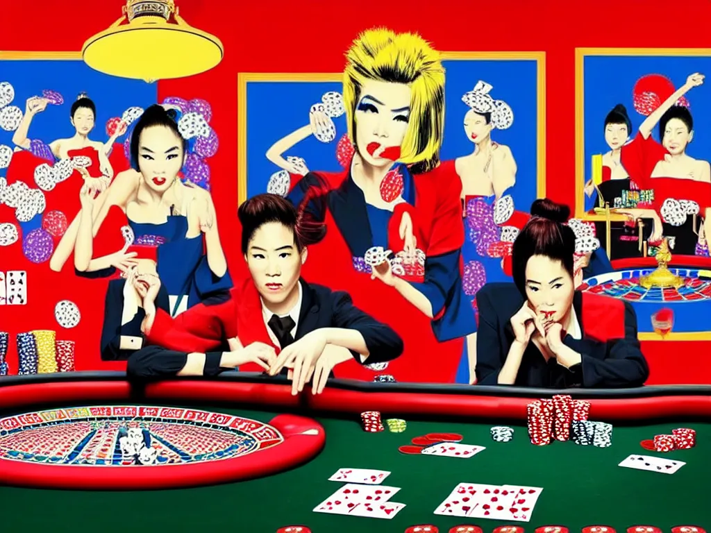 Image similar to hyper - realistic composition of a room in a casino with an extremely detailed poker table, croupier in traditional japanese kimono standing nearby fireworks in the background, pop art style, jackie tsai style, andy warhol style, acrylic on canvas