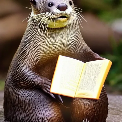 Image similar to a cute smiling otter reading a book at a desk, realistic