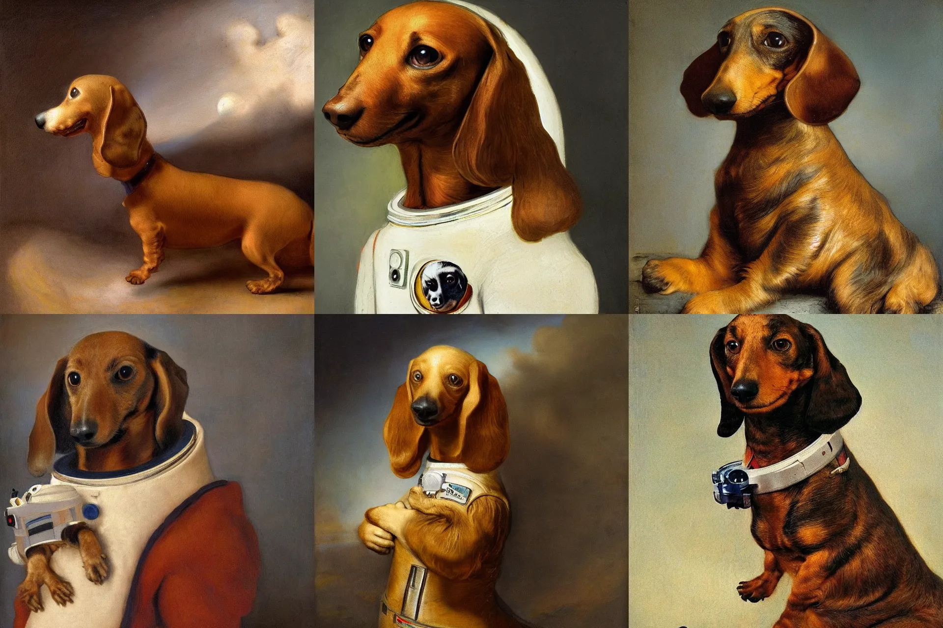 Prompt: an astronaut long hair Dachshund painted by Rembrandt
