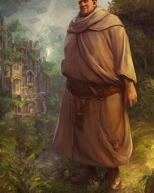 Image similar to detailed portrait of a portly monk, magical, bright spells, fantasy, ruins, overgrown plants, atmosphere, 8 k high definition, insanely detailed, intricate, by charlie bowater, johan grenier