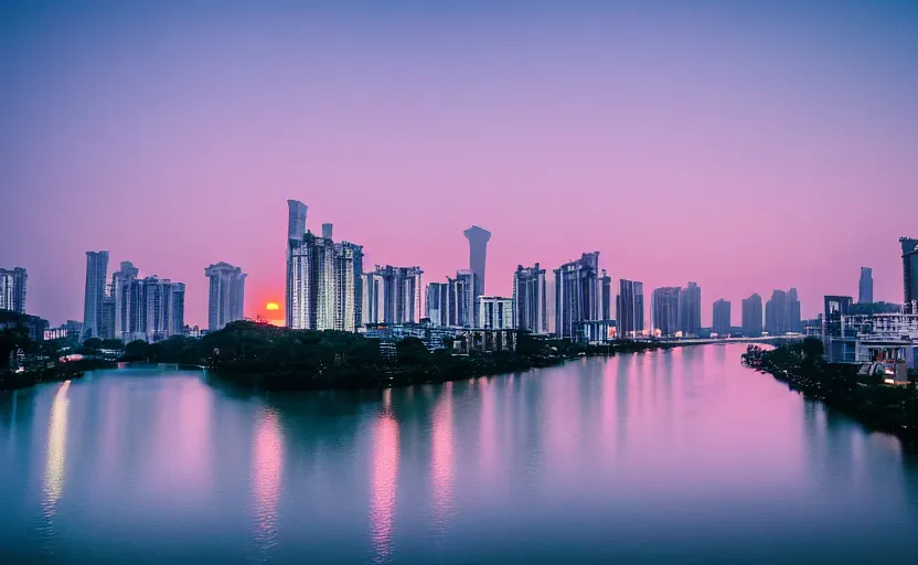 Image similar to a photo of guangzhou, river, sunset, purple sky, cinematic, 8 k, highly - detailed