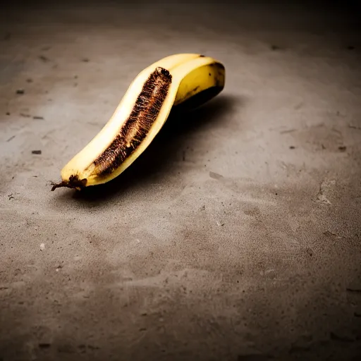 Image similar to commercial shot of the dusty old banana peel you found behind your couch, dramatic beautiful lighting, 8k photgraphy, 50mm f1.8, macro