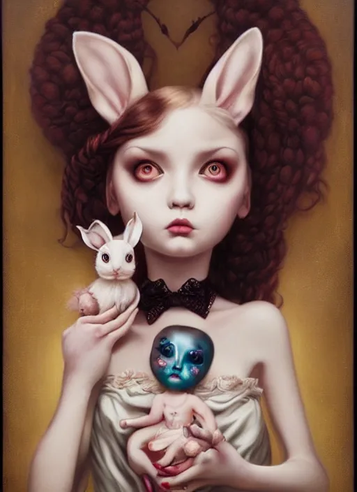 Image similar to pop surrealism, lowbrow art, realistic cute alice girl painting, holding bunny, hyper realism, muted colours, rococo, natalie shau, loreta lux, tom bagshaw, mark ryden, trevor brown style,