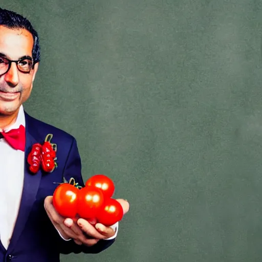 Image similar to luis piedrahita wearing a red suit while holding a tomato, photograph