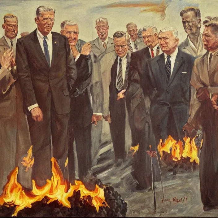 Image similar to United States President viewing the Capital Burn, 1958, Oil on Canvas, Antiwar, full body, dramatic, digital art