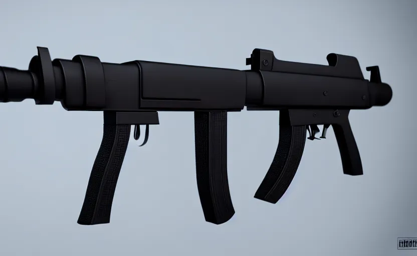 Image similar to modern submachine gun, design concept art, minimalist, studio lighting, 3d render, octane render