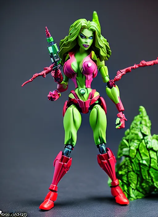 Prompt: Transformers Poison Ivy action figure from Transformers: Kingdom, symmetrical details, by Hasbro, Takaratomy, tfwiki.net photography, product photography, official media