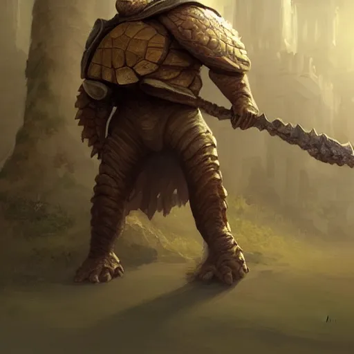 Image similar to a tortoise fantasy hero for hire, large turtle shell shield, no armor, dramatic light, high detail, fantasy background, painted by stanley lau, painted by greg rutkowski, painted by stanley artgerm, digital art, trending on artstation