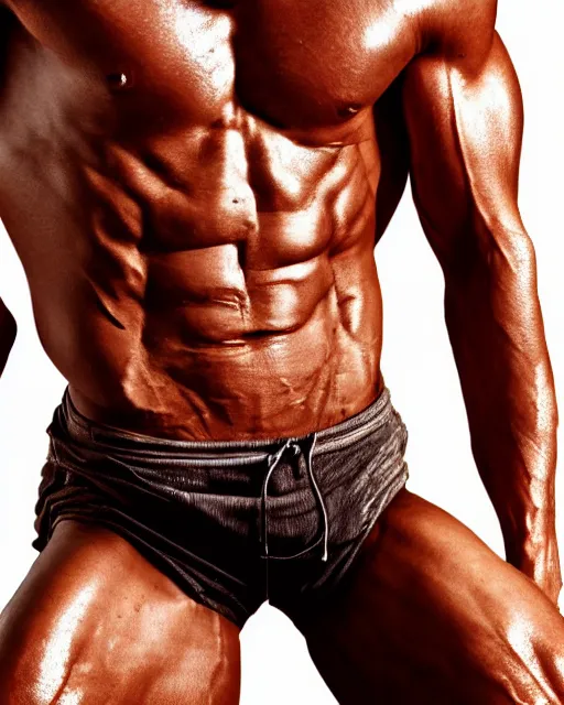 Image similar to extreme closeup of anonymous abdominal muscles, wearing shorts and highcut top, very sweaty, backlit, studio lighting, intricate detail, beautiful composition, extremely muscly bodybuilder by frank frazetta