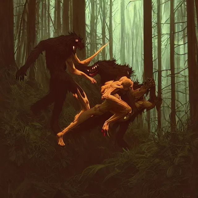 Prompt: a male werewolf with long claws fighting a young fit male vampire in a dark forest at night, by greg rutkowski and alphonse mucha, gradient brown to red, highly detailed, digital painting, artstation, concept art, smooth, sharp focus illustration