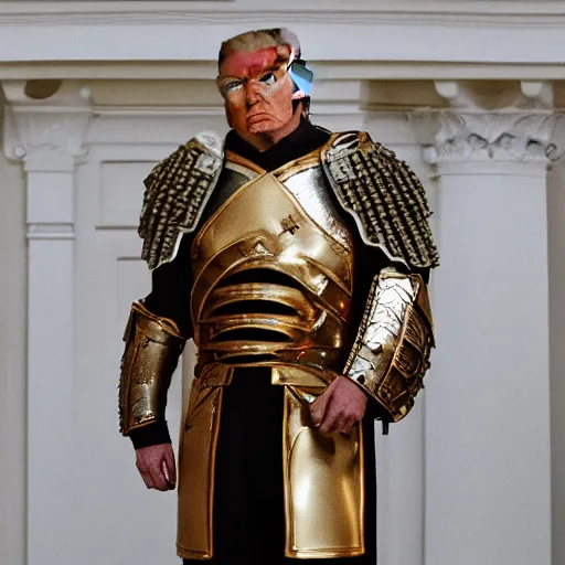 Prompt: cinematic shot of donald trump wearing ancient roman military armor in the white house, 8 k, very detailed, very intricate,