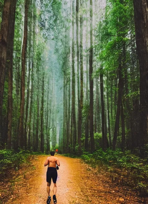 Prompt: athletic guy runs through a forest with tall trees, a photo from the back, perspective, pixel art