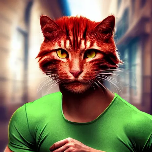 Image similar to professional digital art of a fit man with red hair and green cat - like eyes, popular, famous, attractive, high quality, highly detailed, hd, 4 k, 8 k,