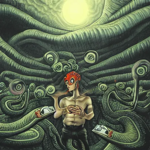 Image similar to A centered chest up portrait of a psychedelic demonic anthropomorphic snake smoking a hand-rolled cigarette smoking heavily , magic mushroom village in background , award winning. superb resolution. in the art style of junji Ito and greg rutkowski . Detailed Mushroom city in background. Hyper realistic anime. Perfect art. Dalle2