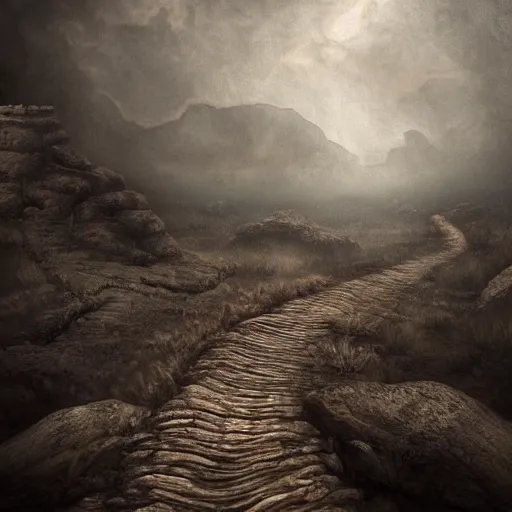 Image similar to a long winding pathway with no terrain on either side, creepy, gloomy, nightmare, dark rocks, dusty, sepia tones, with a mysterious dark castle at the of the path, digital art, 8 k, concept art, trending on artstation