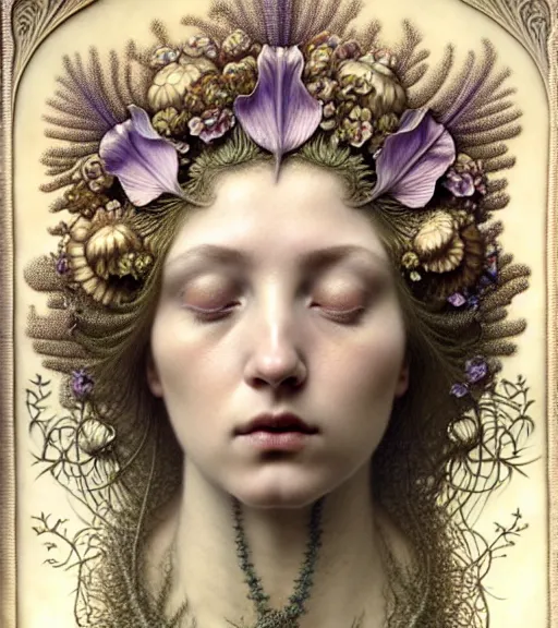 Prompt: beautiful young flower queen detailed realistic porcelain face portrait by jean delville, gustave dore, iris van herpen and marco mazzoni, art forms of nature by ernst haeckel, art nouveau, symbolist, visionary, gothic, neo - gothic, pre - raphaelite, fractal lace, intricate alien botanicals, surreality, hyperdetailed ultrasharp octane render