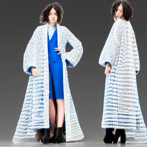 Image similar to fashion 2 0 5 0 fantastic openwork long coat with intricate pattern on a beautiful symmetrical girl with blue hair, hyper realistic photos