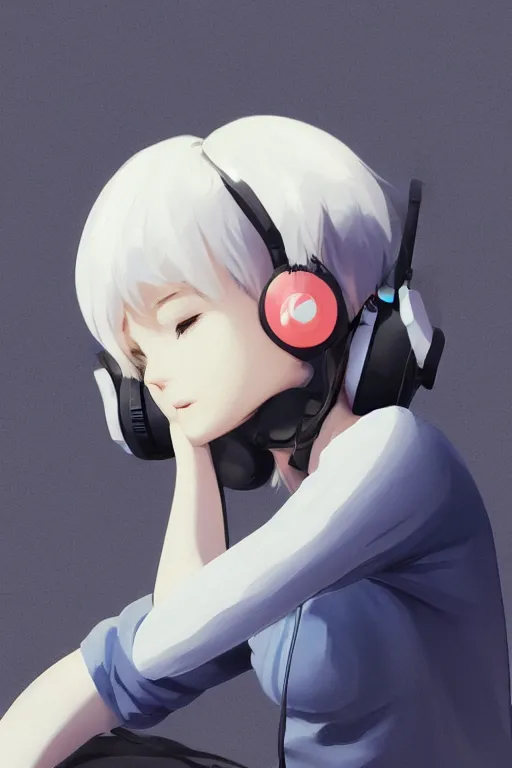 Prompt: a cute young woman leaning on a concrete wall while listening to music with her eyes closed and wearing headphones by Ilya Kuvshinov and Range Murata, white bob cut hair, blue filter, blue and white, soft lighting, atmospheric, cinematic atmosphere, moody, Krenz Cushart, digital painting, 8k