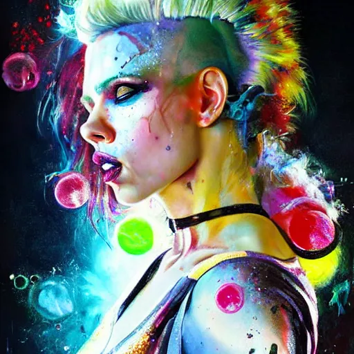 Prompt: scarlett johansson as delirium from sandman, ( hallucinating colorful soap bubbles ), by jeremy mann, by sandra chevrier, by jean giraud and maciej kuciara, punk rock, tank girl, high detailed, 8 k