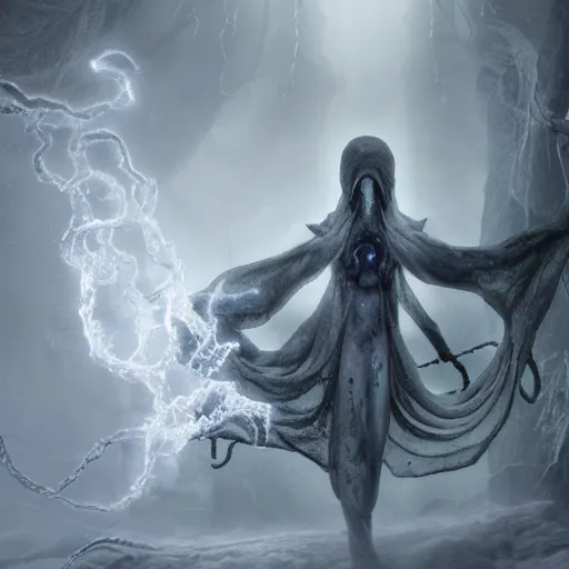 Prompt: an ethereal ghostly wraith like figure with a squid like parasite latched onto its head and long tentacle arms that flow lazily but gracefully at its sides like a cloak while it floats around a frozen rocky tundra in the snow searching for lost souls and that hides amongst the shadows in the trees, this character has hydrokinesis and electrokinesis for the resident evil village real muppet remake by sesame street, photo realistic, photography, sesame street