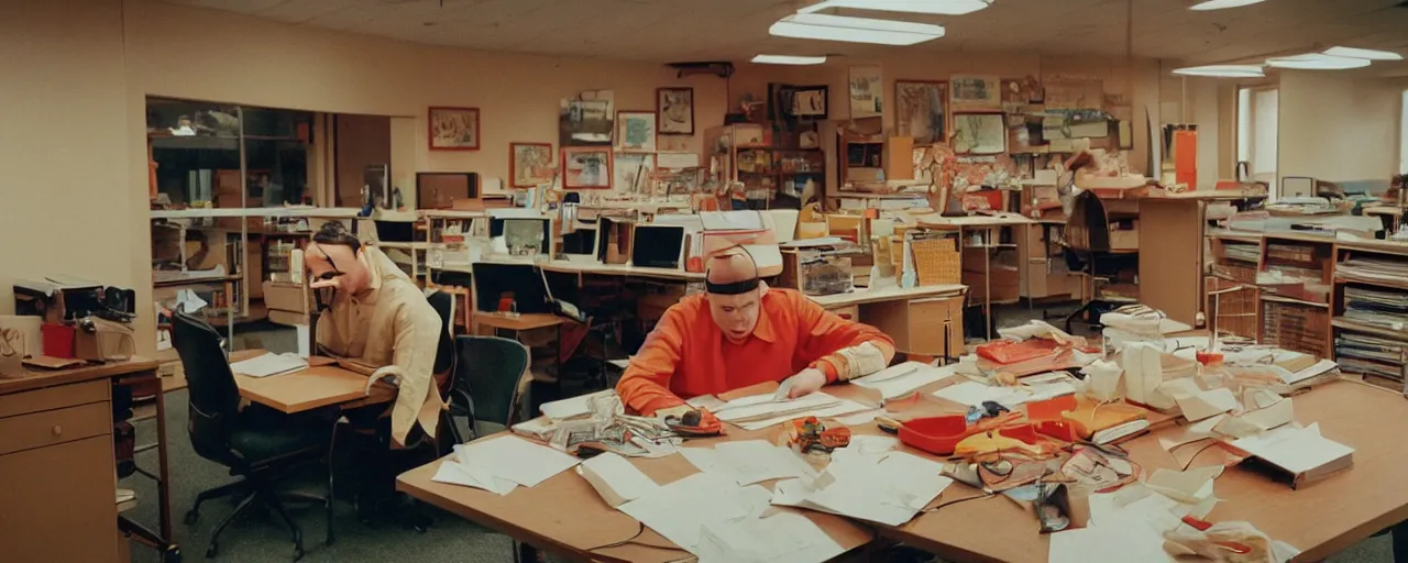 Prompt: security cam footage of someone with their head on spaghetti at their desk, at work, kodachrome, in the style of wes anderson, retro!! no repeat!!