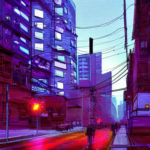 Prompt: stark street in portland oregon, cyberpunk, digital painting