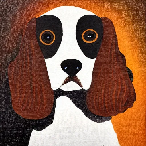 Image similar to painting of a brown and white spaniel at a smokey bar with a Martini, fine art, dots, brush marks, light effect