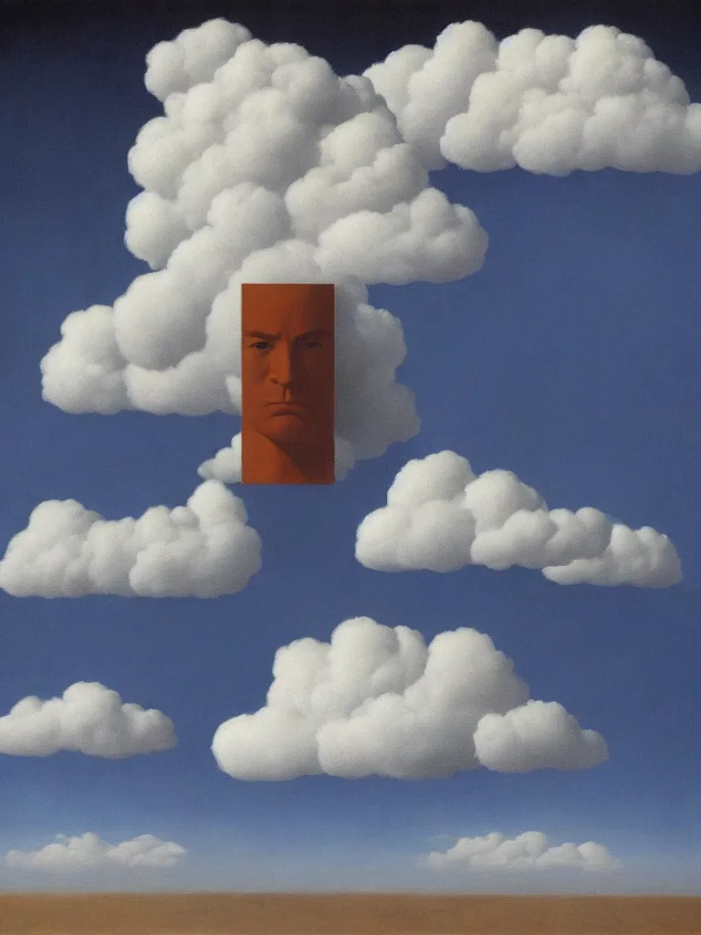 Image similar to portrait of cloud man by rene magritte, detailed painting, hd, hq, high resolution, high detail, 4 k, 8 k