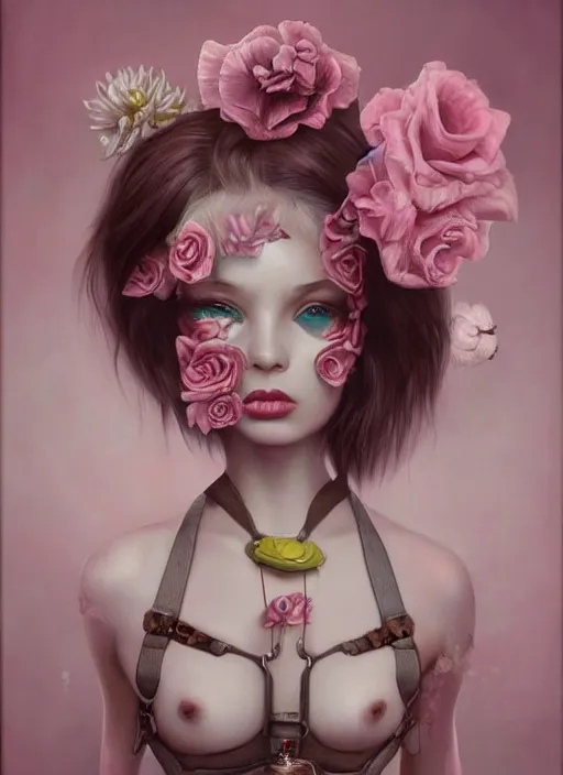 Image similar to pop surrealism, lowbrow art, realistic seductive cute woman painting, pink body harness, hyper realism, muted colours, rococo, natalie shau, loreta lux, tom bagshaw, mark ryden, trevor brown style,