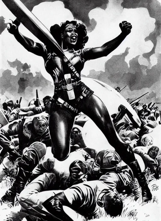 Image similar to beautiful black female captain america standing on a pile of defeated german soldiers. feminist captain america wins wwii. american wwii propaganda poster by james gurney