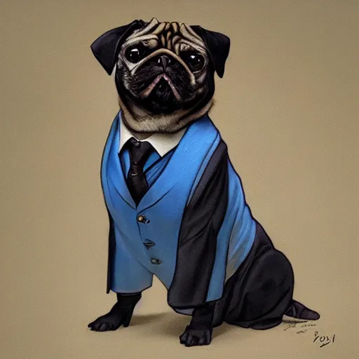 Image similar to pug in a suit, painted by tsuyoshi nagano, greg rutkowski, artgerm, alphonse mucha