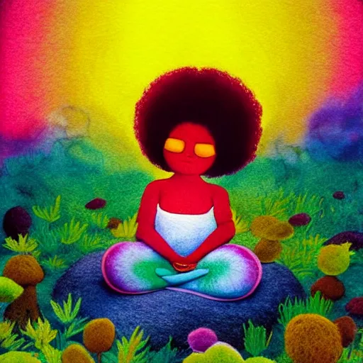 Image similar to a black girl with a colorful afro and big colorful eyes meditating in an african zen garden at sunset, bright colours, bokeh!!, watercolor, volumetric wool felting, macro photography, children illustration, by goro fujita