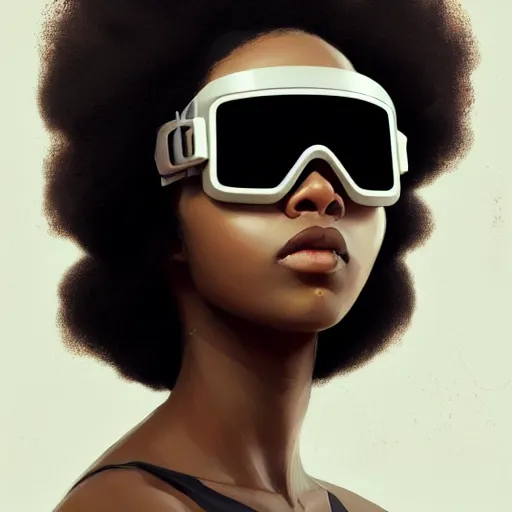 Image similar to Beautiful woman wearing opaque reflective goggles profile picture by Greg Rutkowski, brown skin, long afro hair, asymmetrical, futuristic, cool colors, streetwear, studio ghibli, Organic Painting , Matte Painting, geometric shapes, hard edges, street art, trending on the artstation, fantasy LUT, realistic by Sachin Teng,