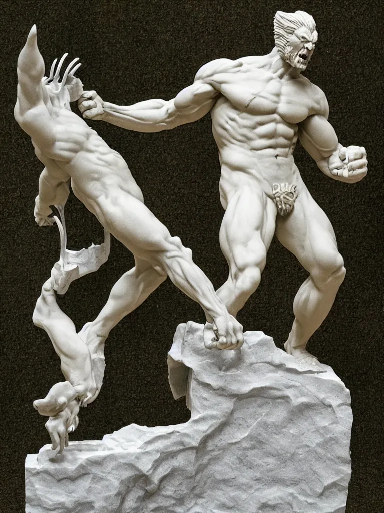 Image similar to a marble statue of wolverine by Michaelangelo